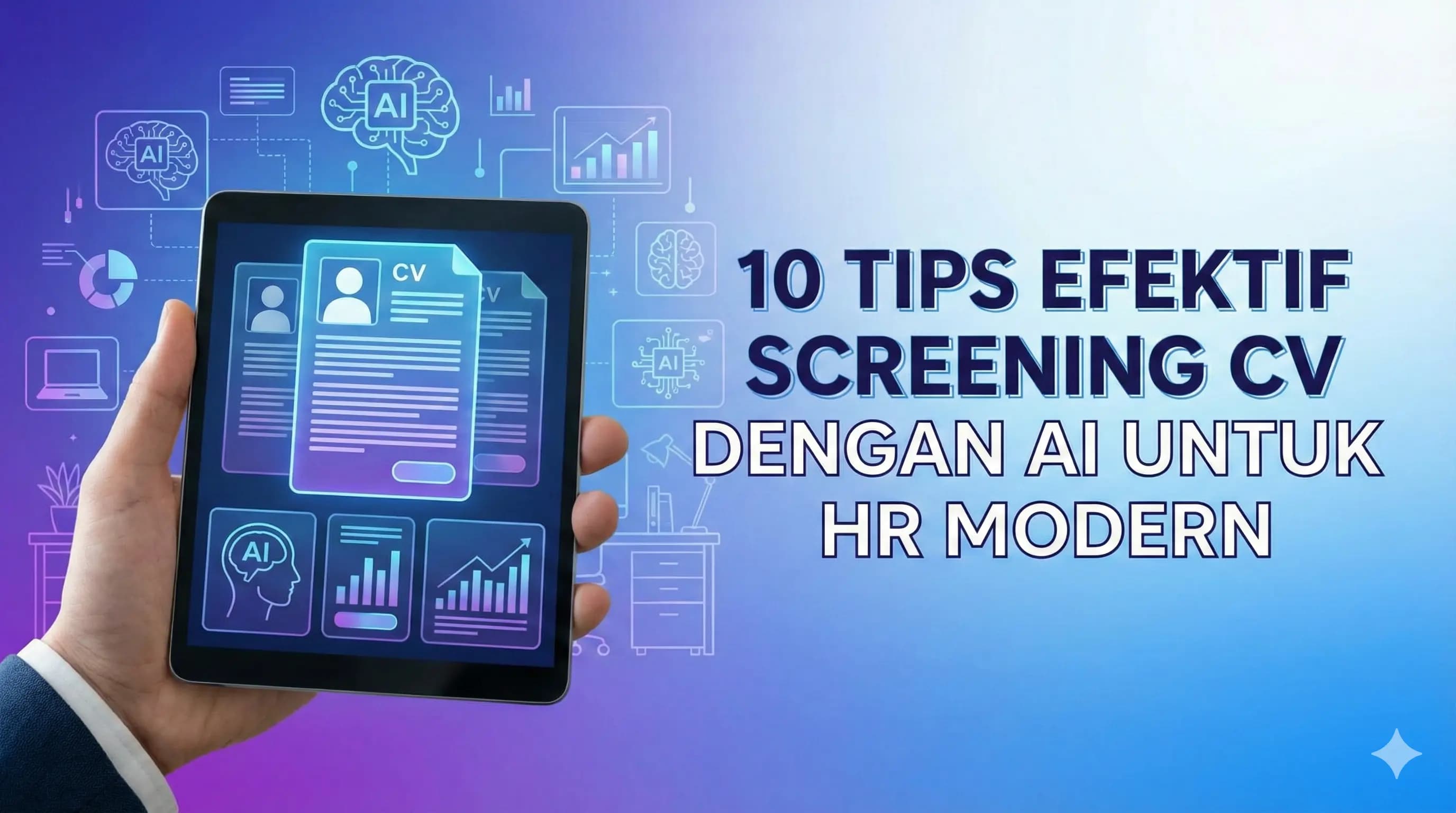 Ilustrasi AI screening CV dengan dashboard analytics
